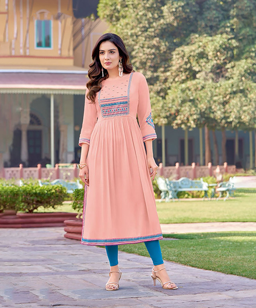 Peach Rayon Casual Kurtis