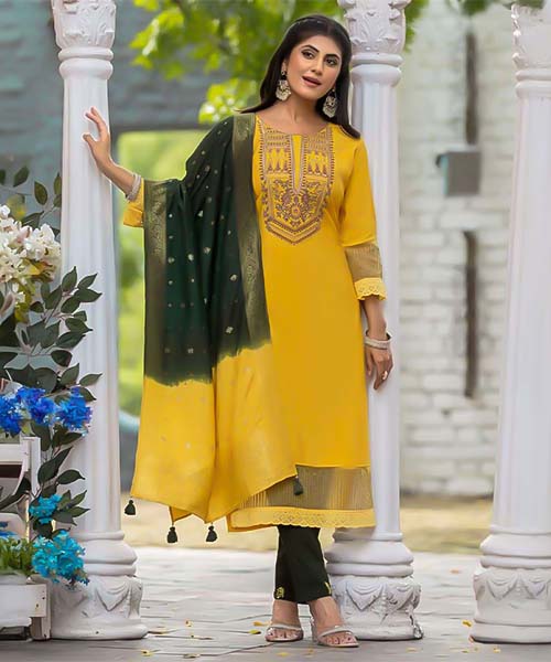 Yellow  Blended Shimmer Casual Wear Salwar Kameez in peterborough