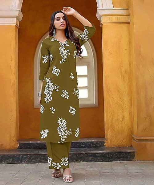 Olive Green Rayon Casual Wear Kurti