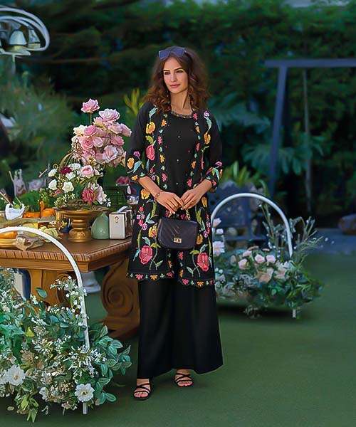 Black Viscose Organza Party Wear Kurti