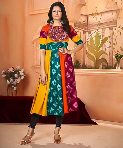 Green And Yellow Rayon Designer Kurti in delhi