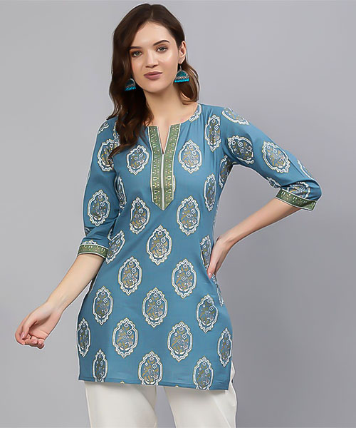 Sky Blue Cotton Printed Kurti in delhi