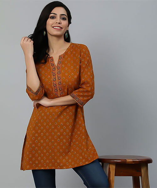 Orange Cotton Printed Kurti in delhi