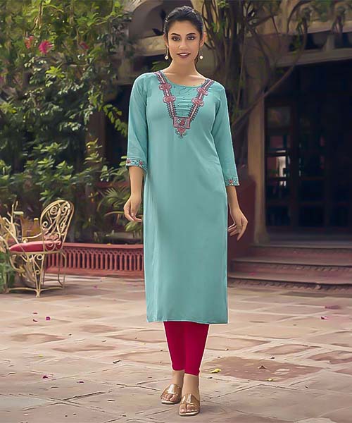 Sky Blue Rayon Casual Wear Kurti in delhi