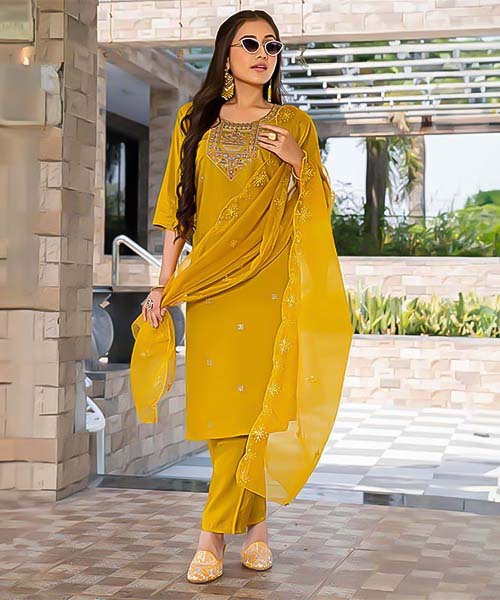 Yellow  Roman Shimmer Casual Wear Salwar Kameez