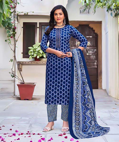 Blue Cambric Cotton Casual Wear Salwar Kameez in austin