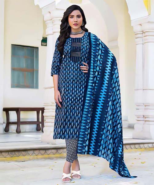 Blue Cambric Cotton Casual Wear Salwar Kameez in austin