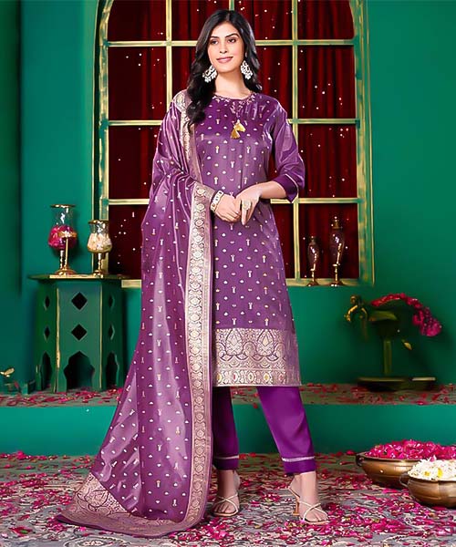 Violet Silk Jacquard Casual Wear Salwar Kameez in mumbai