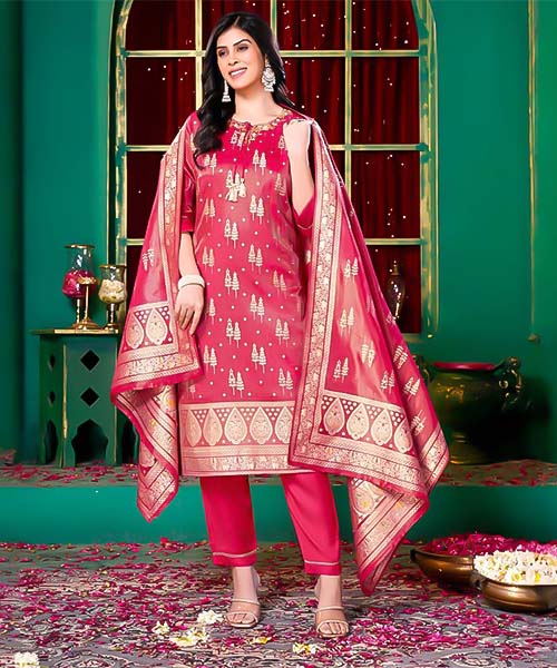 Red Silk Jacquard Casual Wear Salwar Kameez in mumbai