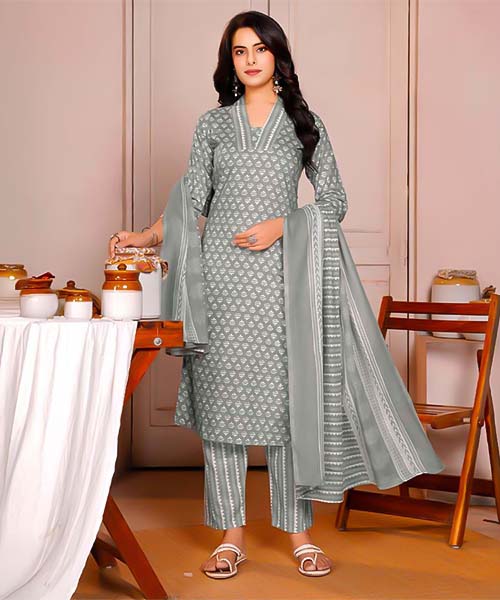 Grey  Cotton Casual Wear Salwar Kameez