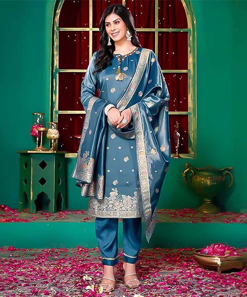 Blue Silk Jacquard Casual Wear Salwar Kameez in mumbai