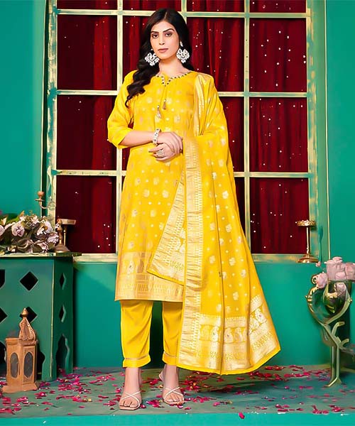 Yellow Silk Jacquard Casual Wear Salwar Kameez in mumbai