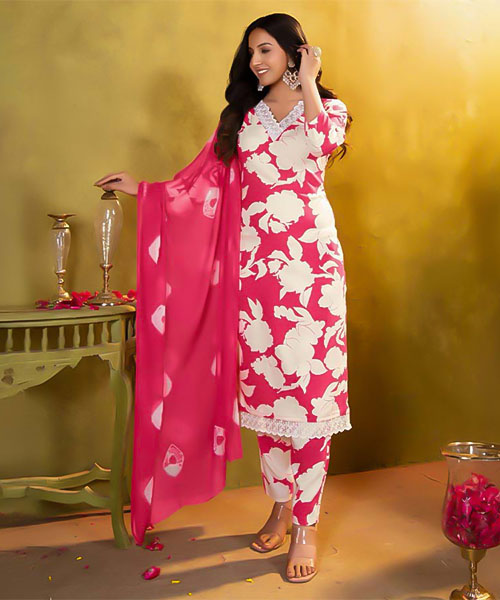 Red  Rayon Printed Salwar Kameez in hereford