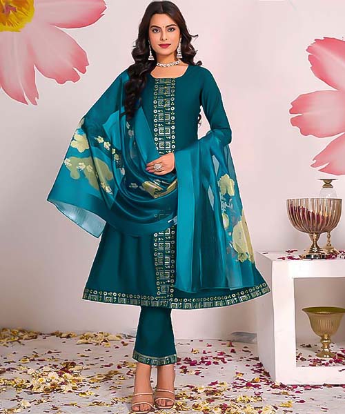 Cyan Roman Silk Casual Wear Salwar Kameez in europe