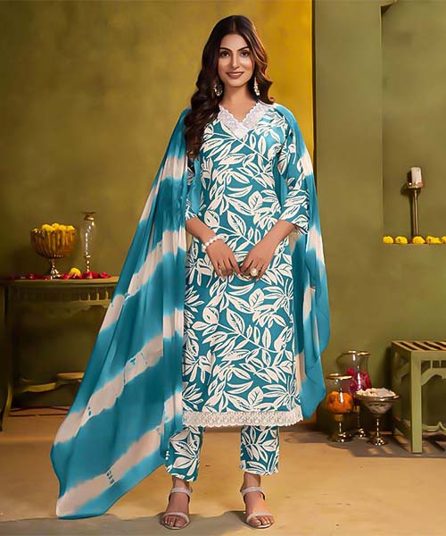Sky Blue Rayon Printed Salwar Kameez in hereford