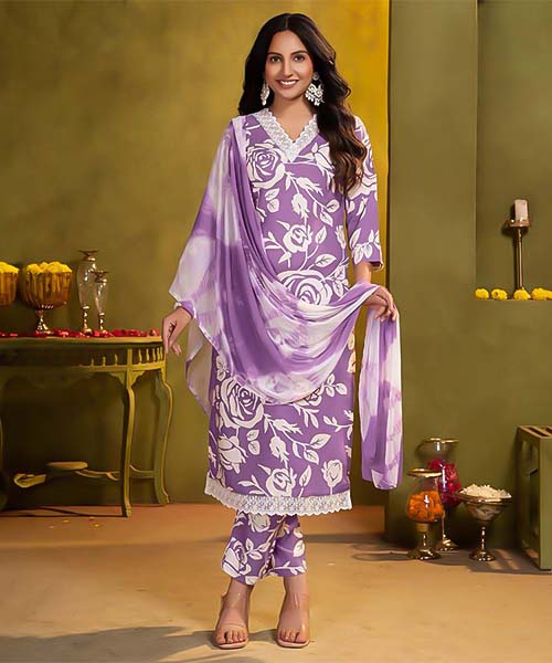 Purple Rayon Printed Salwar Kameez in hereford