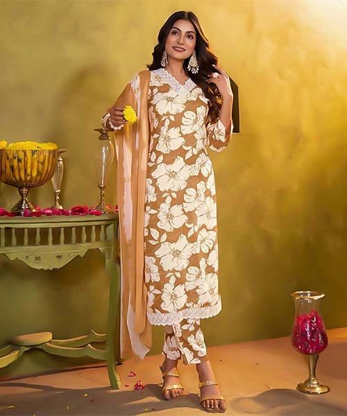 Brown Rayon Printed Salwar Kameez in hereford
