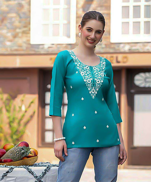 Cyan Rayon Casual Wear Kurti in delhi