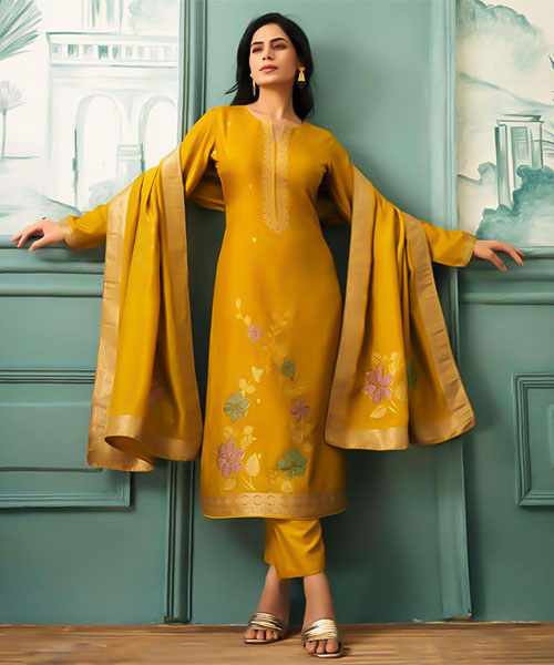 Yellow Bemberg Muslin Casual Wear Salwar Kameez in denver