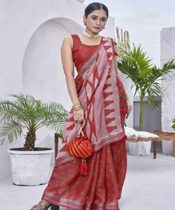 Digital Printed Linen Blend Saree With Contrast Border