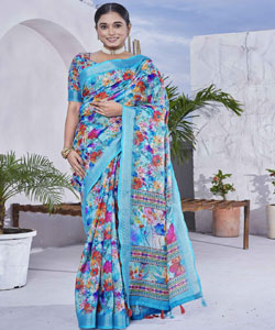 Digital Printed Linen Blend Saree With Contrast Border