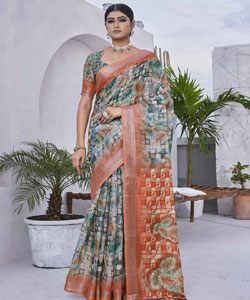 Digital Printed Linen Blend Saree With Contrast Border