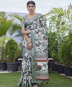 Digital Printed Linen Blend Saree With Contrast Border