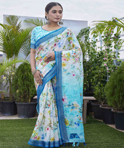 Digital Printed Linen Blend Saree With Contrast Border