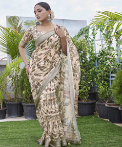 Digital Printed Linen Blend Saree With Contrast Border