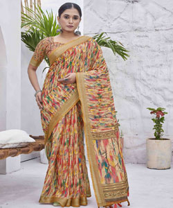 Digital Printed Linen Blend Saree With Contrast Border