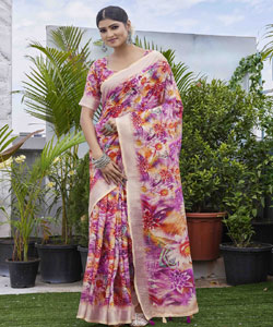 Digital Printed Linen Blend Saree With Contrast Border