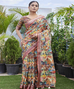 Digital Printed Linen Blend Saree With Contrast Border