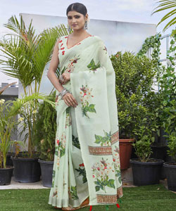 Digital Printed Linen Blend Saree With Contrast Border