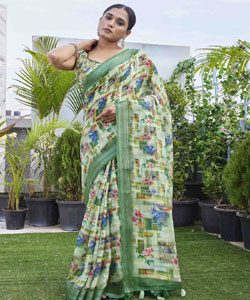 Digital Printed Linen Blend Saree With Contrast Border