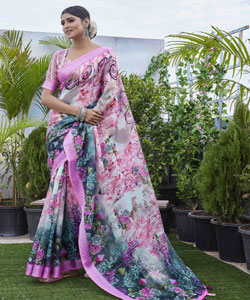 Digital Printed Linen Blend Saree With Contrast Border