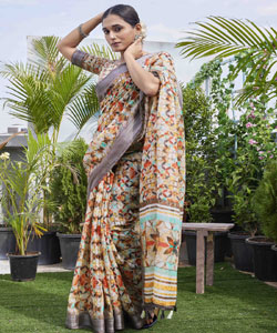 Digital Printed Linen Blend Saree With Contrast Border