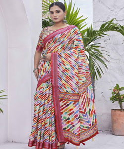 Digital Printed Linen Blend Saree With Contrast Border