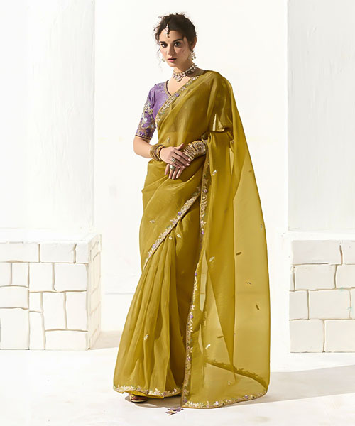 Yellow Organza Tissue Party Wear Saree in tucson