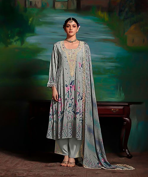 Grey Muslin Party Wear Salwar Kameez