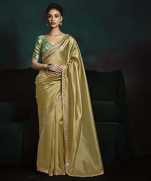 Golden  Satin Silk Designer Saree