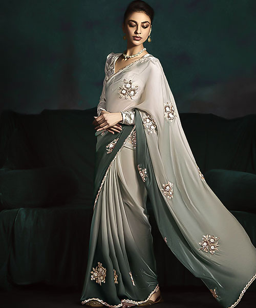 Grey Satin Silk Designer Saree