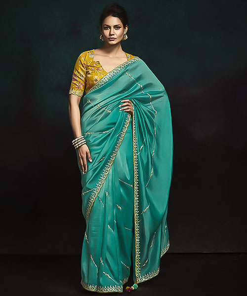 Blue Satin Silk Party Wear Saree