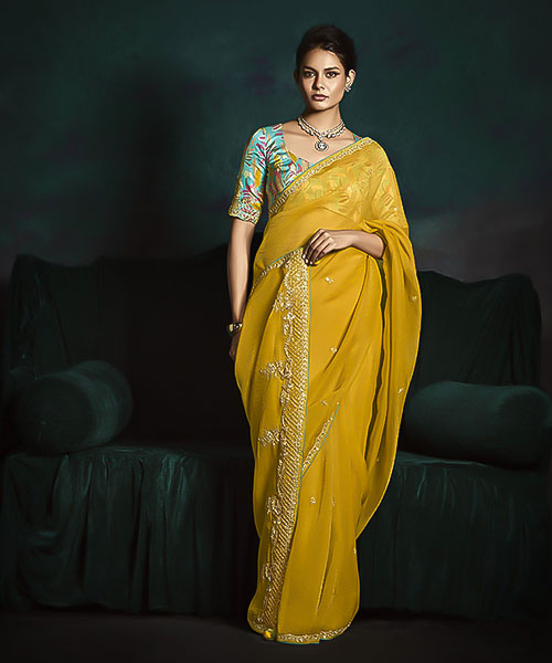 Yellow Satin Silk Party Wear Saree