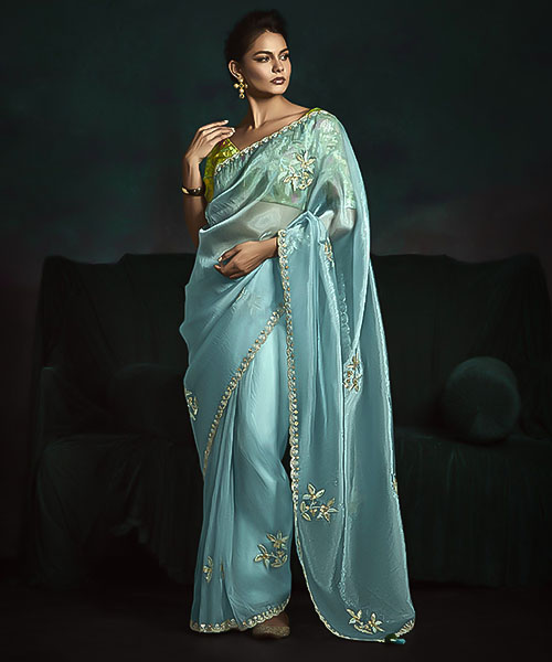 Sky Blue Satin Silk Party Wear Saree