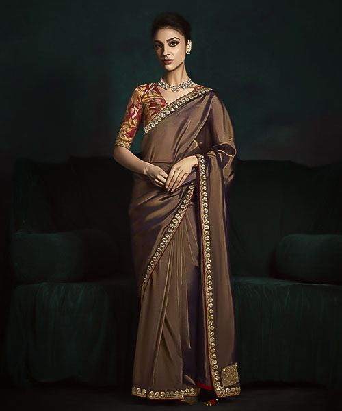 Brown Satin Silk Party Wear Saree