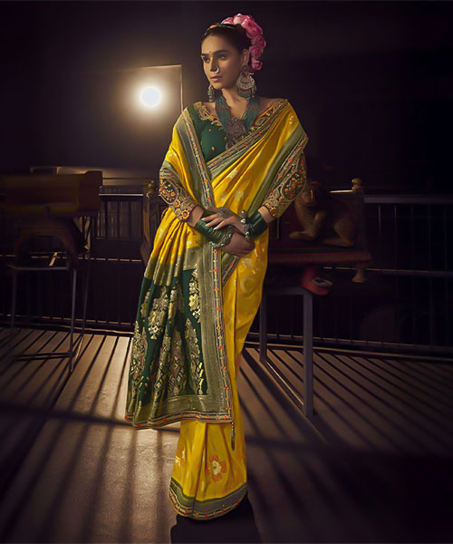 Yellow  Viscose Dola Silk  Designer Saree
