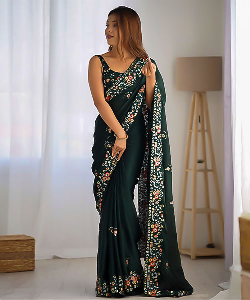 Green  Satin Chiffon Casual Wear Saree