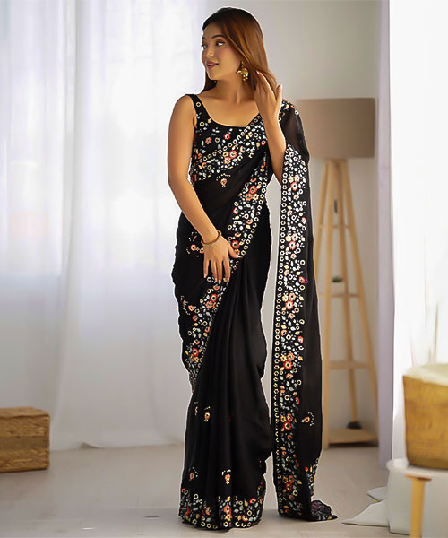 Black  Satin Chiffon Casual Wear Saree in mumbai