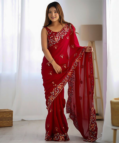 Red Satin Chiffon Casual Wear Saree in mumbai