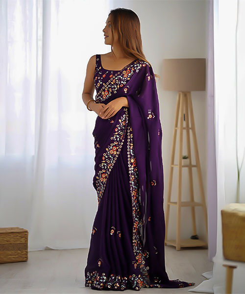 Purple Satin Chiffon Casual Wear Saree in mumbai